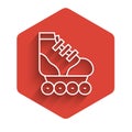 White line Roller skate icon isolated with long shadow. Red hexagon button. Vector