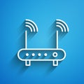 White line Router and wi-fi signal symbol icon isolated on blue background. Wireless ethernet modem router. Computer