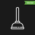 White line Rubber plunger with wooden handle for pipe cleaning icon isolated on black background. Toilet plunger. Vector Royalty Free Stock Photo