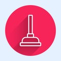 White line Rubber plunger with wooden handle for pipe cleaning icon isolated with long shadow. Toilet plunger. Red Royalty Free Stock Photo