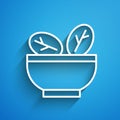 White line Salad in bowl icon isolated on blue background. Fresh vegetable salad. Healthy eating. Long shadow. Vector