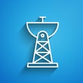 White line Satellite dish icon isolated on blue background. Radio antenna, astronomy and space research. Long shadow Royalty Free Stock Photo
