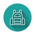White line School backpack icon isolated with long shadow background. Green circle button. Vector Royalty Free Stock Photo