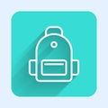 White line School backpack icon isolated with long shadow background. Green square button. Vector Royalty Free Stock Photo