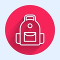 White line School backpack icon isolated with long shadow. Red circle button. Vector Royalty Free Stock Photo