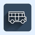 White line School Bus icon isolated with long shadow background. Public transportation symbol. Blue square button Royalty Free Stock Photo