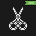 White line Scissors hairdresser icon isolated on black background. Hairdresser, fashion salon and barber sign Royalty Free Stock Photo