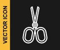 White line Scissors icon isolated on black background. Tailor symbol. Cutting tool sign. Vector Royalty Free Stock Photo