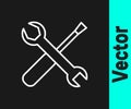 White line Screwdriver and wrench spanner tools icon isolated on black background. Service tool symbol. Vector Royalty Free Stock Photo