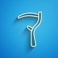 White line Scythe icon isolated on blue background. Happy Halloween party. Long shadow. Vector