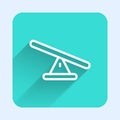 White line Seesaw icon isolated with long shadow. Teeter equal board. Playground symbol. Green square button. Vector