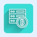 White line Server bitcoin icon isolated with long shadow. Green square button. Vector
