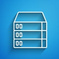 White line Server, Data, Web Hosting icon isolated on blue background. Long shadow. Vector Royalty Free Stock Photo