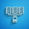 White line Server, Data, Web Hosting icon isolated on blue background. Long shadow Royalty Free Stock Photo