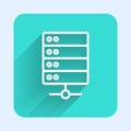 White line Server, Data, Web Hosting icon isolated with long shadow background. Green square button. Vector Royalty Free Stock Photo