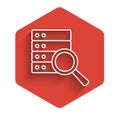 White line Server, Data, Web Hosting icon isolated with long shadow background. Red hexagon button. Vector Royalty Free Stock Photo
