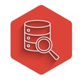 White line Server, Data, Web Hosting icon isolated with long shadow background. Red hexagon button. Vector Royalty Free Stock Photo