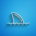 White line Shark fin in ocean wave icon isolated on blue background. Long shadow. Vector Royalty Free Stock Photo