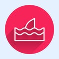 White line Shark fin in ocean wave icon isolated with long shadow. Red circle button. Vector Royalty Free Stock Photo