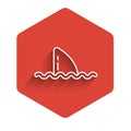 White line Shark fin in ocean wave icon isolated with long shadow. Red hexagon button. Vector Royalty Free Stock Photo