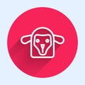 White line Sheep head icon isolated with long shadow. Animal symbol. Red circle button. Vector