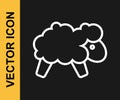 White line Sheep icon isolated on black background. Counting sheep to fall asleep. Vector