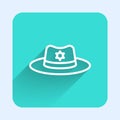 White line Sheriff hat with badge icon isolated with long shadow background. Green square button. Vector