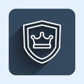 White line Shield with crown icon isolated with long shadow background. Blue square button. Vector Royalty Free Stock Photo