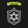 White line Shield with Star of David icon isolated on black background. Jewish religion symbol. Symbol of Israel. Vector Royalty Free Stock Photo