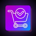 White line Shopping cart with check mark icon isolated on black background. Supermarket basket with approved, confirm Royalty Free Stock Photo