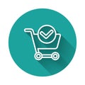 White line Shopping cart with check mark icon isolated with long shadow. Supermarket basket with approved, confirm, tick Royalty Free Stock Photo