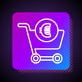 White line Shopping cart and euro symbol icon isolated on black background. Online buying concept. Delivery service Royalty Free Stock Photo