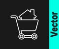 White line Shopping cart with house icon isolated on black background. Buy house concept. Home loan concept, rent Royalty Free Stock Photo