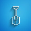 White line Shovel icon isolated on blue background. Gardening tool. Tool for horticulture, agriculture, farming. Long