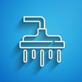 White line Shower head with water drops flowing icon isolated on blue background. Long shadow. Vector