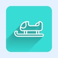 White line Sled icon isolated with long shadow. Winter mode of transport. Green square button. Vector