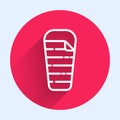 White line Sleeping bag icon isolated with long shadow. Red circle button. Vector
