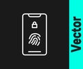 White line Smartphone with fingerprint scanner icon isolated on black background. Concept of security, personal access Royalty Free Stock Photo