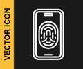 White line Smartphone with fingerprint scanner icon isolated on black background. Concept of security, personal access Royalty Free Stock Photo