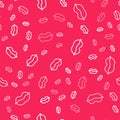 White line Smiling lips icon isolated seamless pattern on red background. Smile symbol. Vector