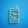 White line Soda can icon isolated on blue background. Long shadow. Vector