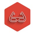 White line Sport cycling sunglasses icon isolated with long shadow. Sport glasses icon. Red hexagon button. Vector Royalty Free Stock Photo