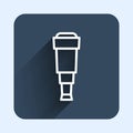 White line Spyglass telescope lens icon isolated with long shadow background. Sailor spyglass. Blue square button Royalty Free Stock Photo