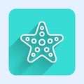 White line Starfish icon isolated with long shadow. Green square button. Vector Royalty Free Stock Photo