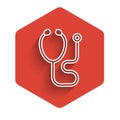 White line Stethoscope medical instrument icon isolated with long shadow background. Red hexagon button. Vector Royalty Free Stock Photo