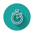White line Stopwatch icon isolated with long shadow background. Time timer sign. Chronometer sign. Green circle button Royalty Free Stock Photo