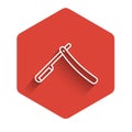 White line Straight razor icon isolated with long shadow. Barbershop symbol. Red hexagon button. Vector Illustration