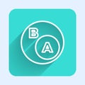 White line Subsets, mathematics, a is subset of b icon isolated with long shadow. Green square button. Vector