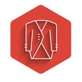 White line Suit icon isolated with long shadow. Tuxedo. Wedding suits with necktie. Red hexagon button. Vector