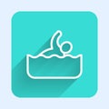 White line Swimmer athlete icon isolated with long shadow background. Green square button. Vector